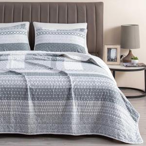2-Piece Reversible Quilt Set with Shams. All-Season Bedspread with Patchwork Striped Pattern. Dorothea Collection (Twin/Twin XL, Grey)