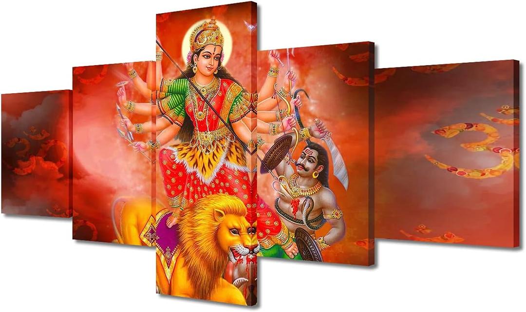Bedroom Decor Wall Art Maa Durga Poster Print on Canvas 5 Pieces Hinduism Cultural Wall Decorations for Living Room, Office Modern Artwork for Home Walls Ready to Hang (50''Wx 24''H)