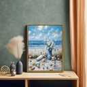 Framed Blue Ocean Beach Canvas Wall Art Coast Seashell Starfish painting Decor Pictures Blue Seaside White Daisy Posters Prints for Modern Coastal Themed Home Decoration Bathroom Room Decoration (10"L x 8"W)