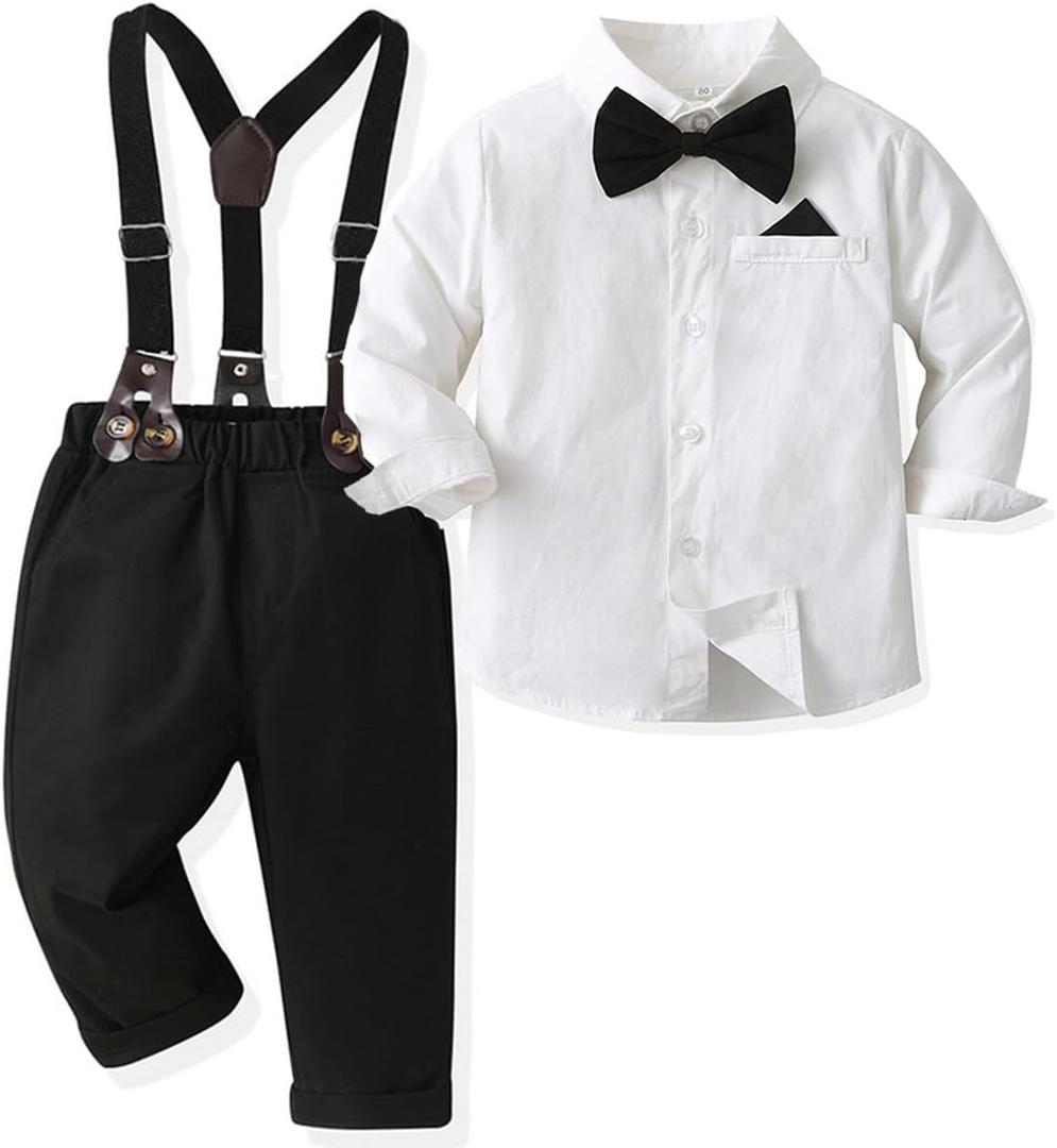 SALNIER Toddler Boy Suit Baby Boys Wedding Dress Outfit Formal Gentleman Clothes Set Dress Shirt Bowtie Suspenders Pants (3T)