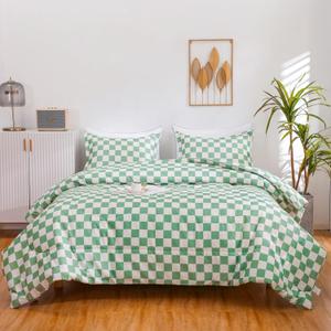 LUCKYBULL Comforter Set Twin Bedding Set Fluffy Sage Green Checkerboard Grid Down Alternative Comforter, Plaid Checkered Soft Textured Comforter with 1 Pillowcase All Seasons, Green Beige 2 Piece