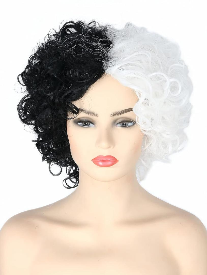 Topcosplay Black White Wig Short Curly Afro Wigs for Men or Women Halloween Costume Cosplay Wigs