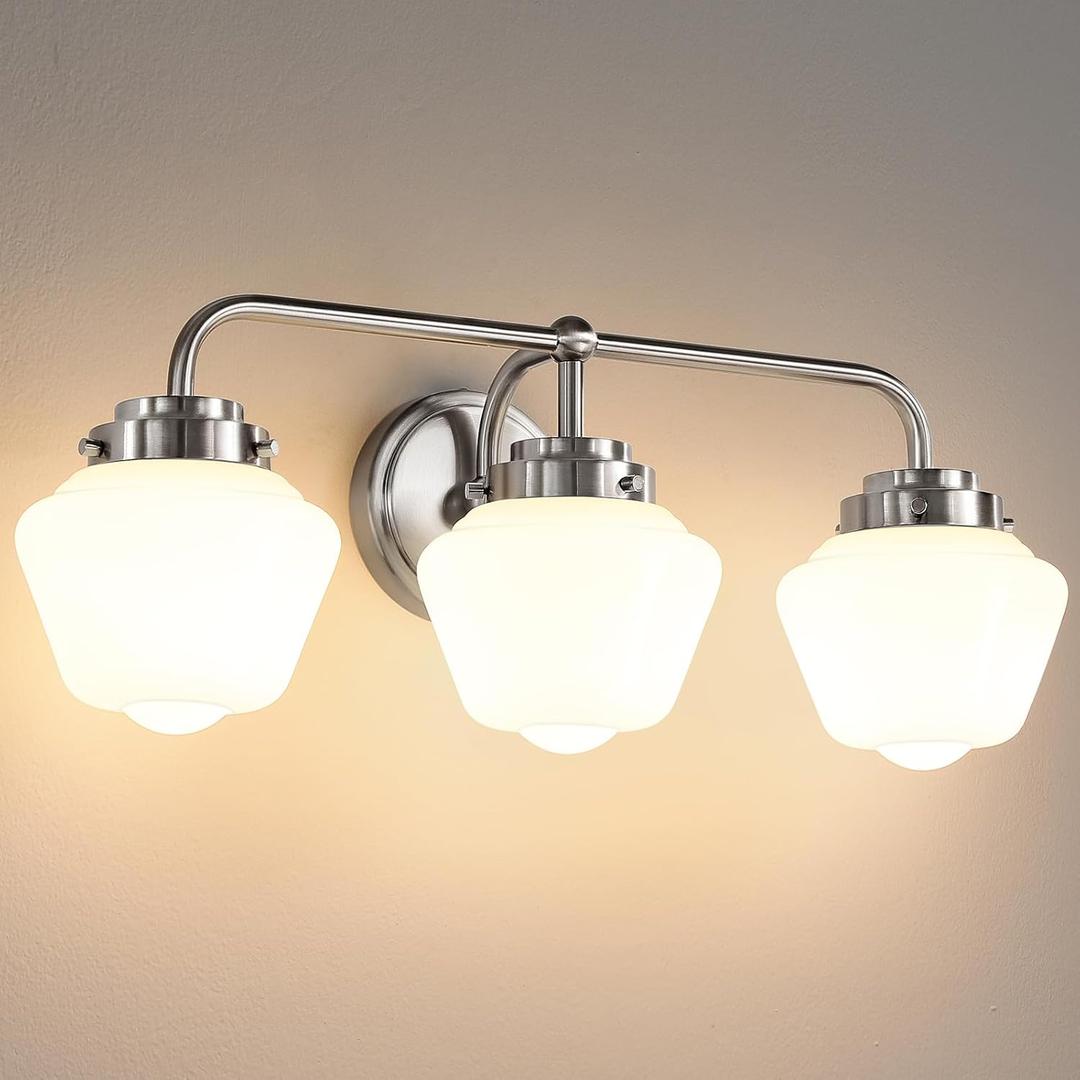 RUIYEY Bathroom Vanity Light Fixtures: 3-Lights Bathroom Lighting Fixtures Over Mirror, Brushed Nickel Vintage Wall Lights with Milky White Frosted Glass Shade for Bath Bedroom