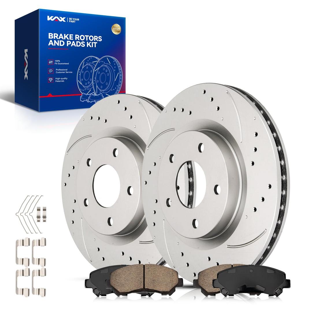 KAX Front Brake Kit, Drilled and Slotted Brake Rotors, Ceramic Brake Pads | Fits Nissan Rogue 2008-2013, Automotive Replacement Brake Kit