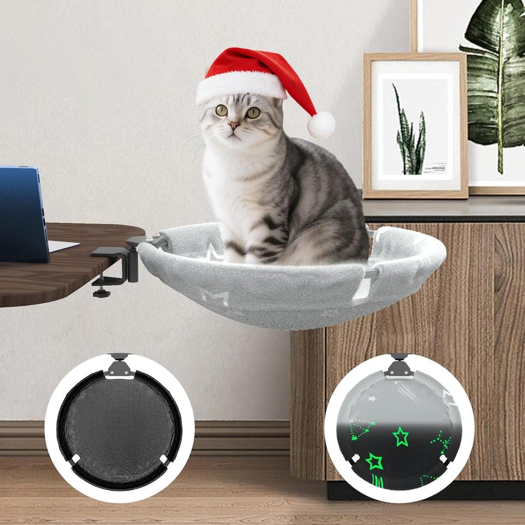 SAMAH Rotatable Cat Desk Bed, Suspended Luminous Cat Desk Hammock, Removable Faux Fur Fabric Supports Up to 30lbs, Suitable for Office Desk, Game Table, Gifts for Cats Pets