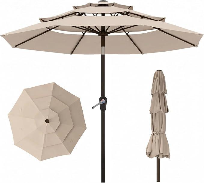 10ft 3 Tier Patio Umbrella, Outdoor Market Table Umbrella with 8 Sturdy Ribs, Easy Push Button Tilt and Crank, Windproof for Deck, Pool, Backyard and Garden, Tan