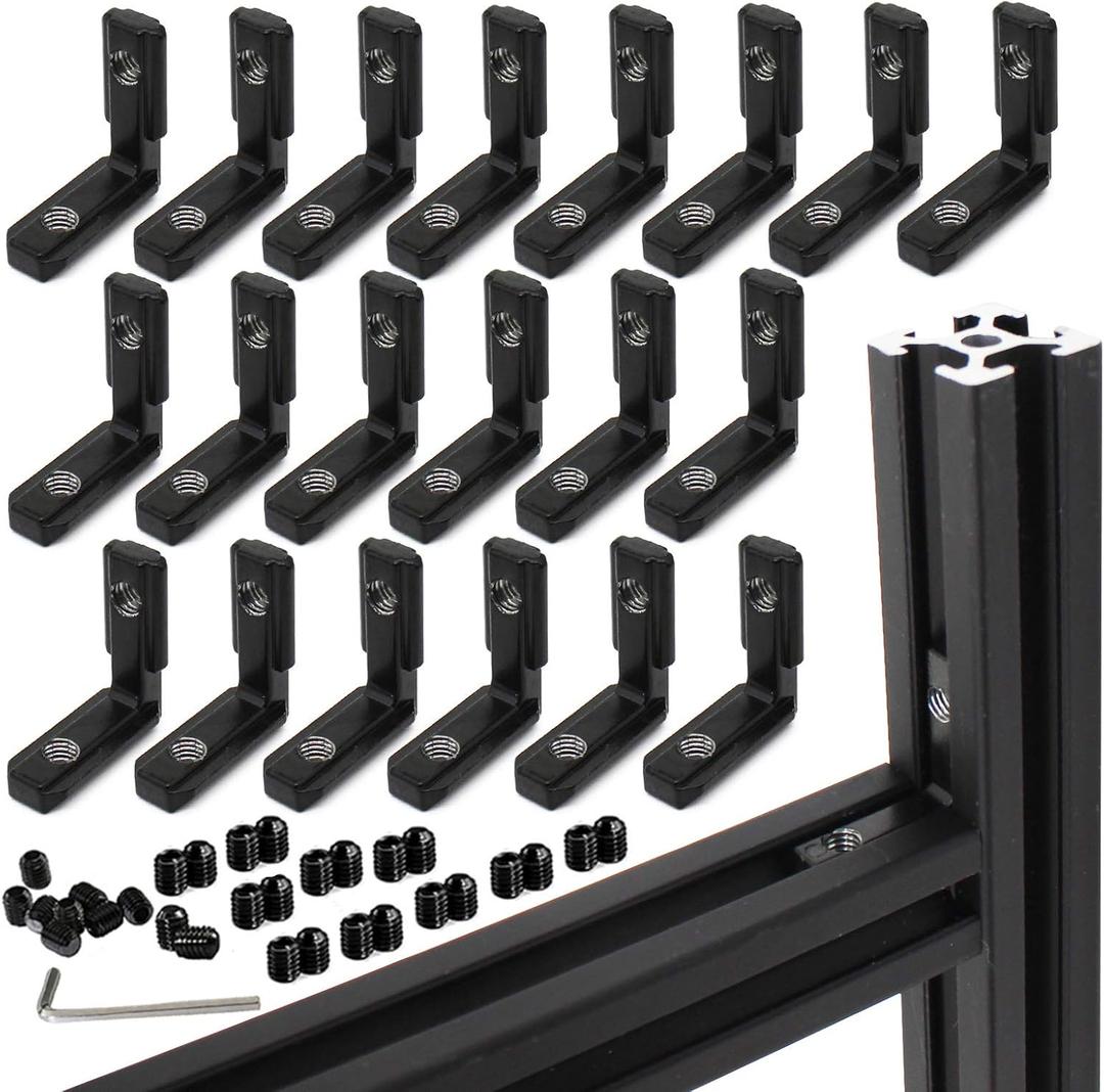 20Pcs 2020 Aluminum Extrusion Black Corner Bracket T Slot Inside L Shape Joint Angle Hardware Connector with Screws for 20 Series 20/20 2040 V Slot Extruded Aluminum Profile