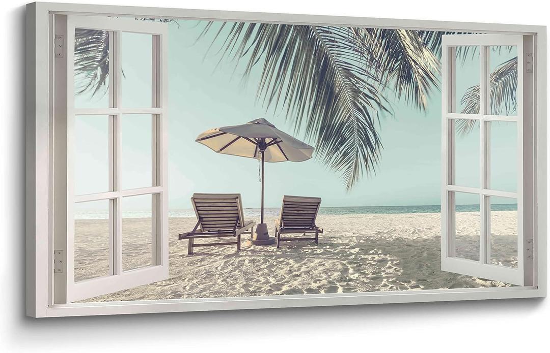 Window Beach Wall Art Canvas: Relaxing Coastal Scene Picture Tropical Sea Landscape Painting Print Decor Horizontal Bedroom Living Room Summer Seaside Seascape Artwork for Home Office, Beach, 40"L x 20"W