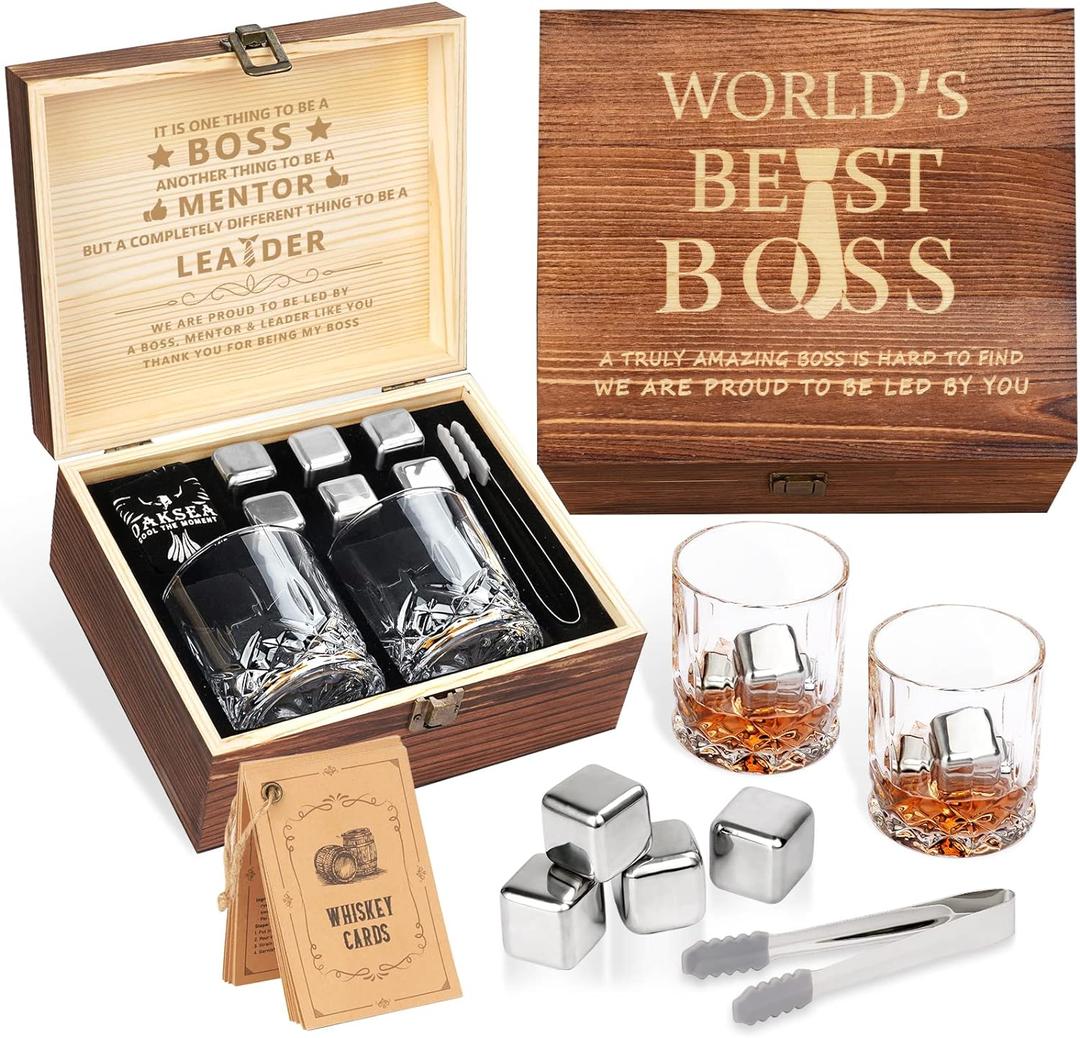 Oaksea Boss Day Gifts for Men Him Christmas, Anniversary Unique Gifts for Him, Birthday Retirement Gift for Boss Men, Stainless Steel Engraved Whiskey Stones Glasses Cool Burbon Scotch Set Gift