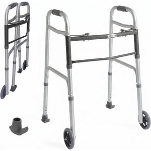 Dr. Aid Premium 2 Button Folding Walker with Wheels - Lightweight Walkers for Seniors - Front Wheel Rolling Walker - Durable Aluminum Frame, Adjustable Height, Supports Up to 320lbs - Gray