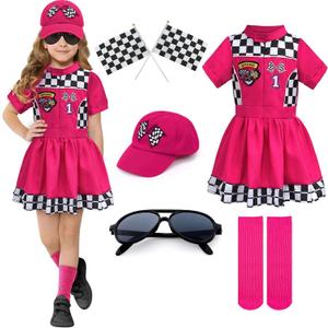 G.C 8pcs Kids Girls Race Car Driver Costume Toddler Racing Suit Rose Red Racer Dress Costumes Accessories Car Cap Knee Socks Sunglasses Flags Halloween Dress up Clothes (XS(3-4T))