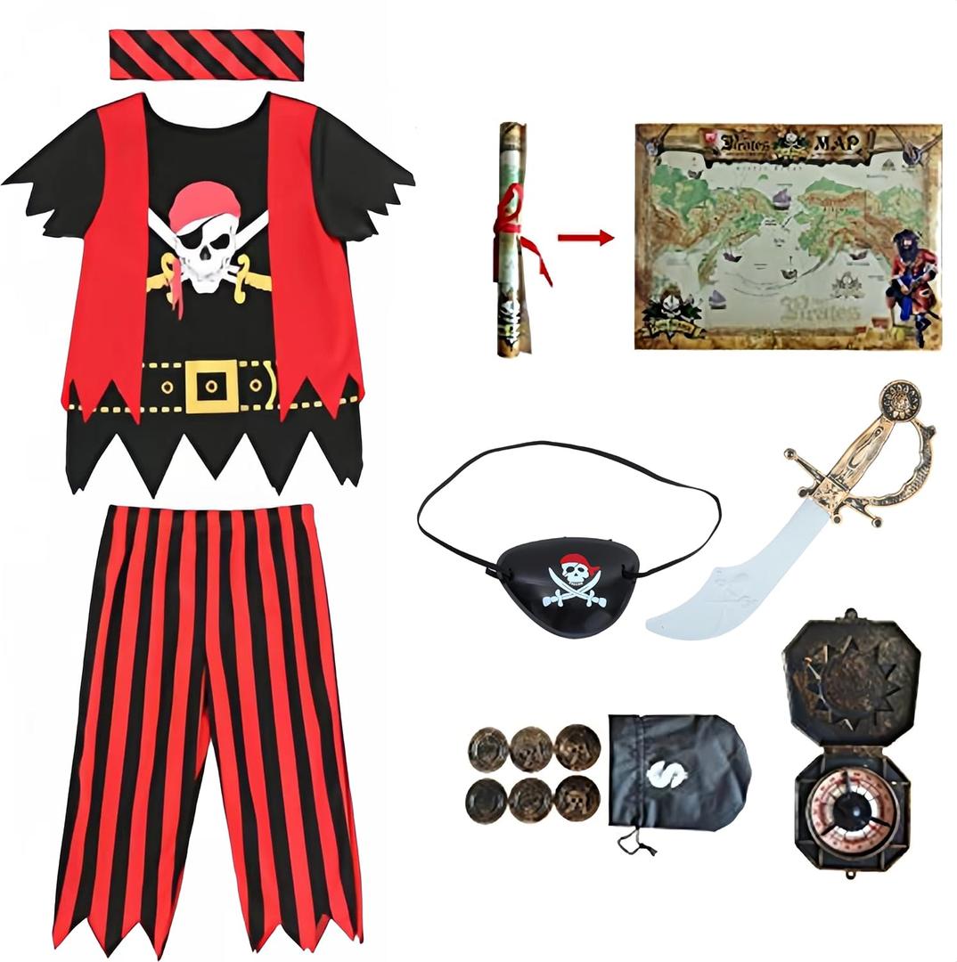 Lingway Toys Kids Pirate Costume,Pirate Role Play Dress Up Completed 8pcs Set for Kids 8-10years