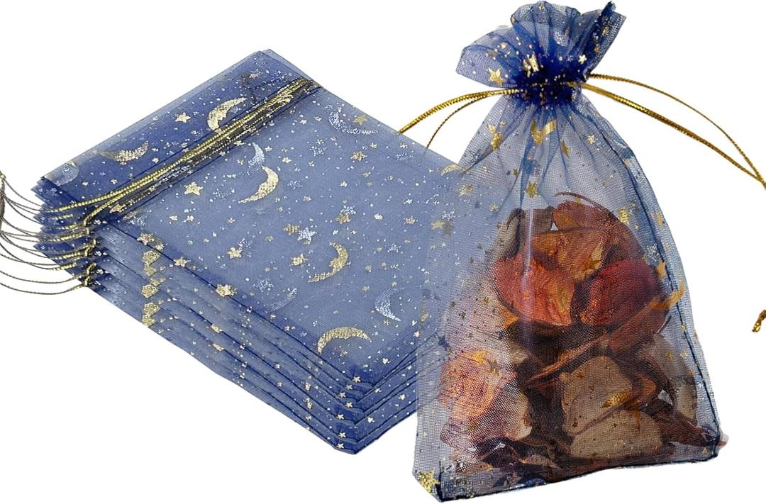 YHJZ 100PCS Moon Star Organza Bags, 4x6 inches (10x15cm) Small Mesh Bags Drawstring for Wedding, Party, Festival (Blue)