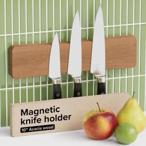 Knife Magnetic Strip 10" Acacia Wood Natural Beech  Magnetic Knife Holder for Wall no Screws  Kitchen Utensil Holder, Knife Bar, Knife Rack, Kitchen Organizer and Tool Holder