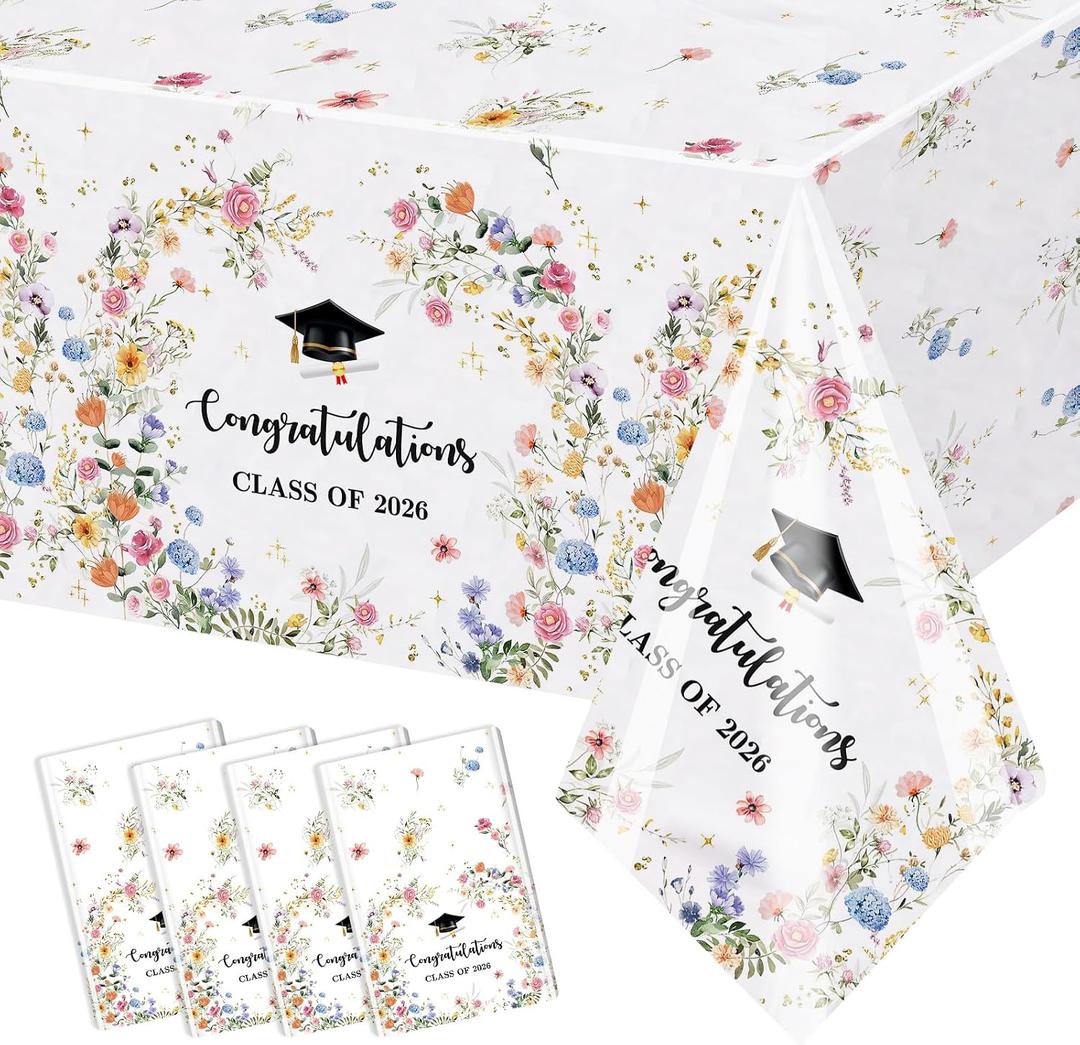 AIBIIN 4 Pcs Wildflower Graduation Tablecloths Floral Congrats Grad Disposable Table Covers Class of 2026 Graduation Party Table Cloth Decorations