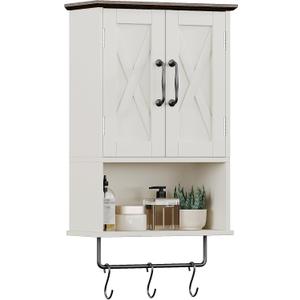 ChooChoo Farmhouse Medicine Cabinet, Bathroom Wall Cabinet with Adjustable Shelf, Towel Bar, 3 Hooks, Over The Toilet Storage Cabinet for Bathroom, Kitchen, 19.3''L, Antique White & Brown, 7"D x 19.3"W x 26"H