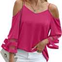 Jouica Womens Summer Cold Shoulder Tops Mesh Panel 3/4 Bell Sleeve Tees Adjustable Spaghetti Strap Loose Fit Shirts (Pink, S)