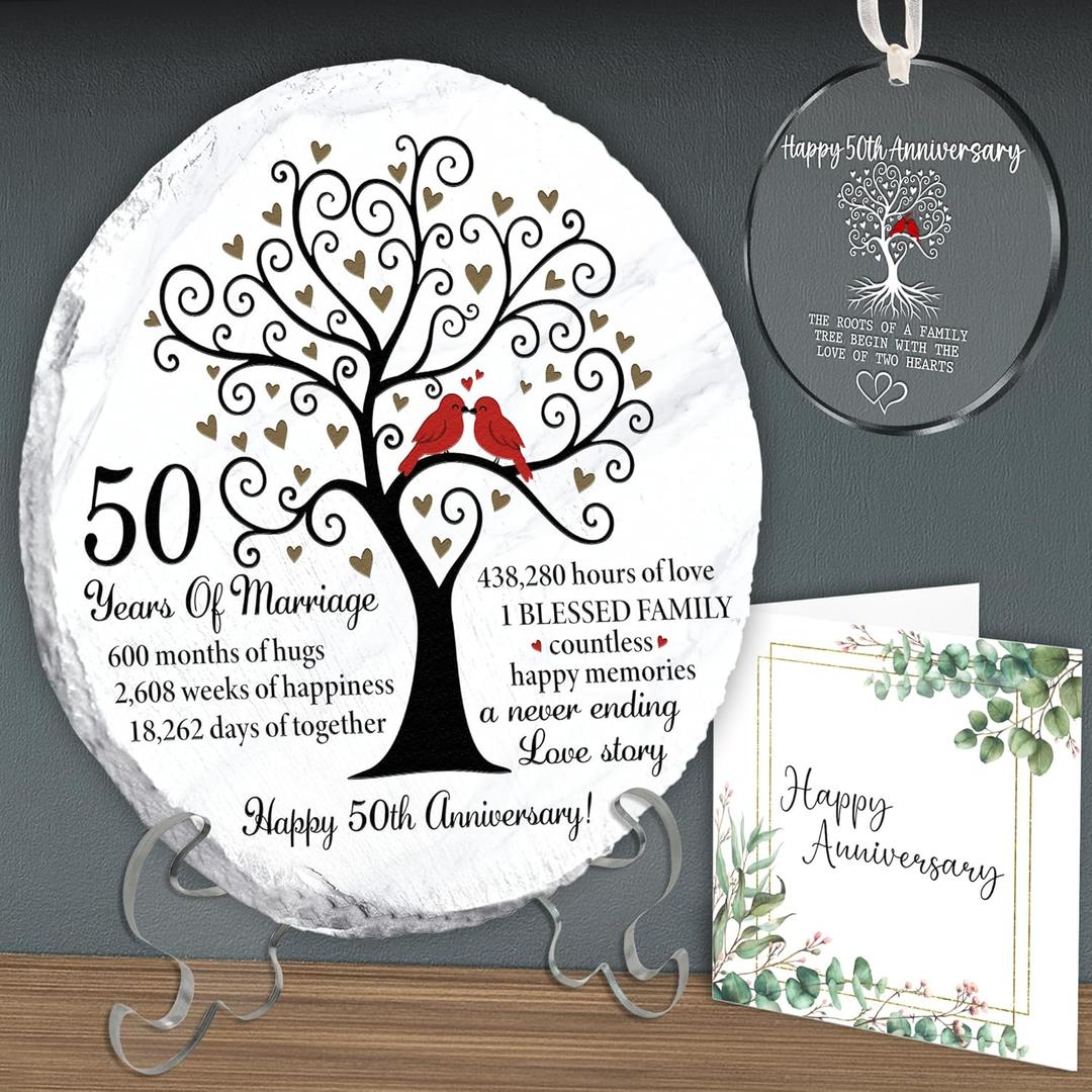 50th Anniversary Wedding Gifts - 50 Years Anniversary Slate Stone 8" with Stand, Ornament, Card - 50th Golden Wedding Gift Set for Parents, Couple, Husband, 50 Years of Marriage Natural Stone TT-A50