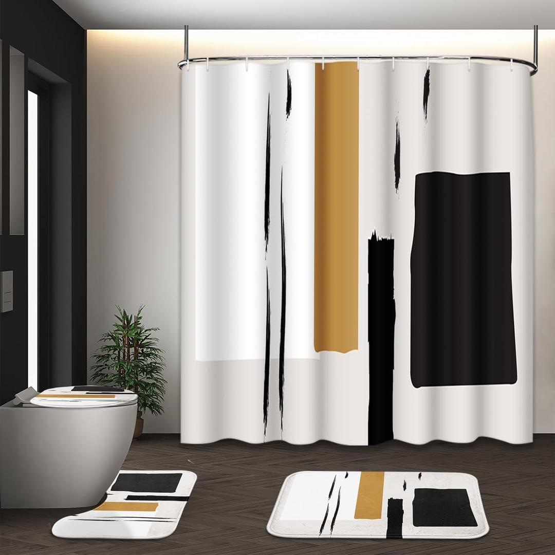 Boho Mid Century Shower Curtain Set with Toilet Lid Cover and Non-Slip Rugs, Abstract Line Art 4 Pcs Shower Curtain, Modern Minimalist Geometric Bathroom Set Decor with 12 Hooks