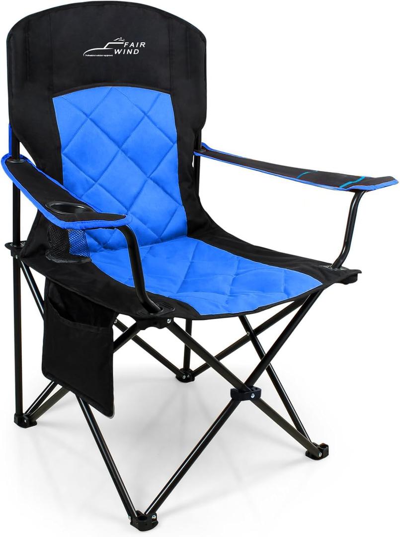 FAIR WIND Oversized Fully Padded Camping Chair, Heavy Duty Quad Fold Arm Chair Support 350 LBS with Cup Holder, Collapsible Lumbar Back Chair Portable for Outdoor, Blue (Single Pack)