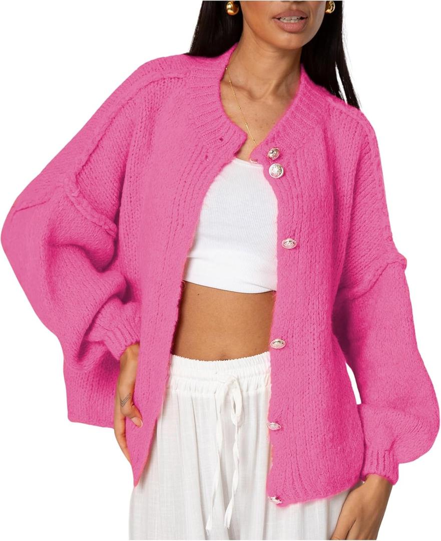SeekMe Womens Cardigan Sweaters Casual Lightweight Long Sleeve Button Up Knit Oversized 2026 Fall Outwear (Large, Hotpink)