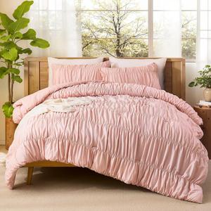 Bedbay Pink Ruched Comforter Set for Queen Size Bed, Breathable Cotton Queen Comforter Boho Bed Set, Girls Teen Room Decor Aesthetic Bedding Set, Vintage Ruffled Fluffy Comforter for All Seasons