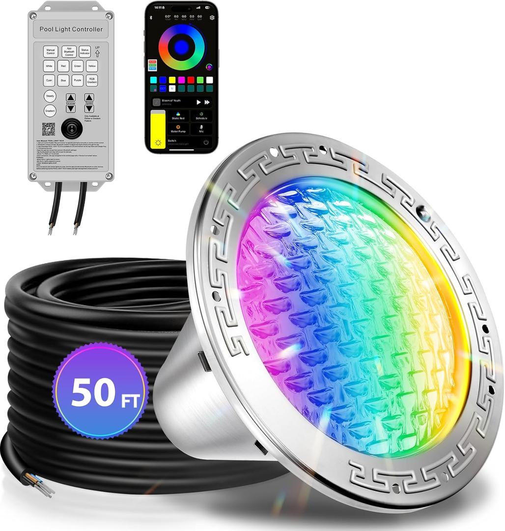 CAtArt 10 Inch Pool Lights for Inground Pool, Color Changing LED Inground Pool Light with Controller and APP Control for Wet Niche, Underwater Swimming Pool Lights, 50 Foot Cord