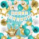 Teal Blue And Gold Birthday Party Decorations Happy Birthday Banner Turquoise Aqua Teal Balloons Foil Fringe Curtain Tissue Pom Poms For Women Girls Men Boys