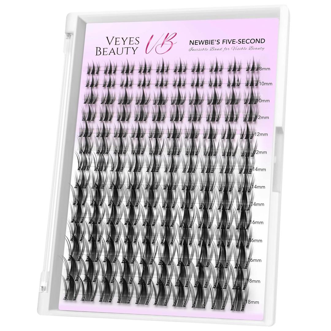 VEYESBEAUTY Manga Lash Clusters Eyelash Extensions Thin & Invisible Band DIY Individual False Eyelashes Newbie's Five-Second Series Wispy Lash Tray for Self-application, Lashes 8-18mm Mixed Length