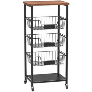 Hastatii Kitchen Storage Cart, Kitchen Basket, 5-Tier Utility Organizer with Baskets and Wood Top, Rolling Snack Cart with Wheels, Metal Black