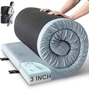 Kingfun 3 Inch CertiPUR-US Memory Foam Camping Mattress Pad, Waterproof Roll up Sleeping Pad, Thick Floor Sleeping Mats for Tent with Removable Travel Bag(Light Blue, Cot)