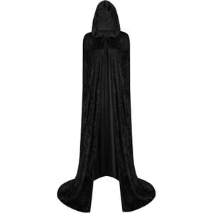 Velvet Renaissance Costume Cloak with Hood, Unisex Medieval Cosplay Cape for Festivals & Parties (Large, Black)