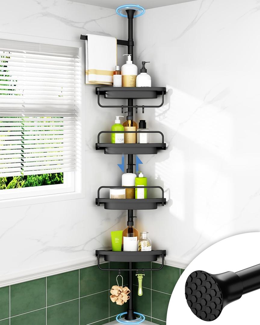 ALLZONE Corner Shower Caddy Tension Pole, Extendable Rustproof Stainless Steel Pole & 4-Tier Adjustable Shelves for Easy Drainage and Built-to-Last Stability, 34 to 116 Inches, Black, 34 to 116 Inches Height