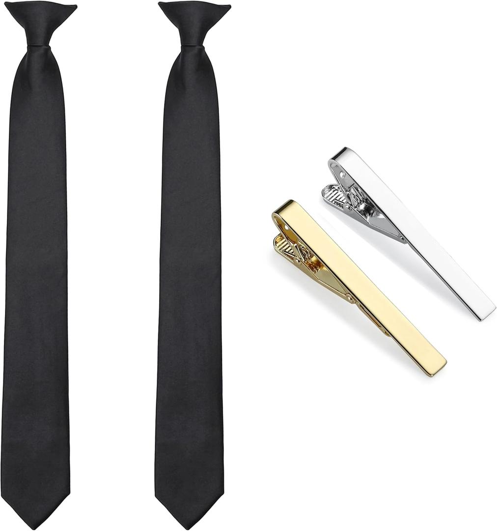 Clip on Ties for Men, 2 Pcs Black Tie & Clips Set, 20 Inches Premium Solid Color Ties