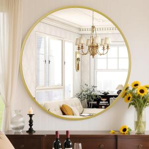 Sweetcrispy 24 Inch Round Wall Mirror with Tempered Glass, Bathroom Mirror Over Sink, Anti-Fog & Waterproof Round Mirror for Bathroom, Entryway, Bedroom, Shatterproof Design, Gold
