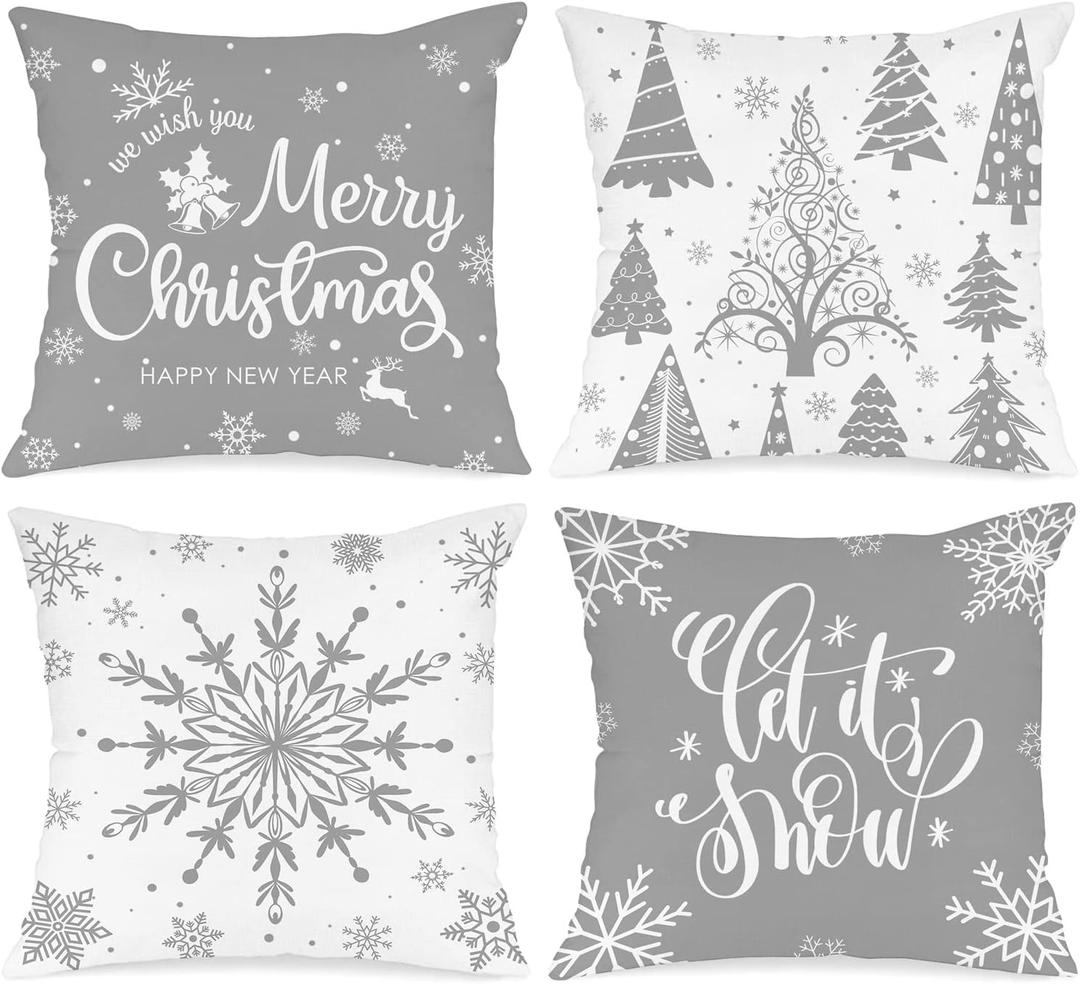 Lanpn White and Grey Christmas Throw Pillow Covers 24x24 Set of 4, Decorative 24 inch Gray Winter Snowflake Xmas Cushion Covers Pillow Cases for Home Bedroom Room Holiday Couch Decor Decorations