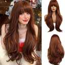 Esmee 26 Inches Long Dark Auburn Wig with Bangs Slightly Curly Hair Ends Natural Synthetic Hair Straight Wigs for Women Daily Party Cosplay Wear