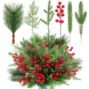 70PCS Artificial Pine Branches Christmas Greenery - Artificial Pine Needles Branches with Red Berry Stems Fake Pine Branches Set for DIY Christmas Tree Wreath Garland Crafts Holiday Home Decoration