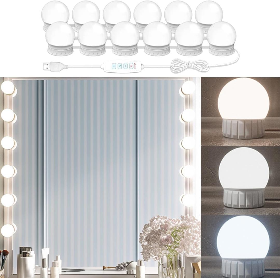 LED Makeup Mirror Light Hollywood Style Vanity Lights USB Fill Light Adjustable Color and Brightness Suitable for Full-Length Mirror, Dressing Room, Dressing Table Set (No Mirror Include) (12 Bulbs)