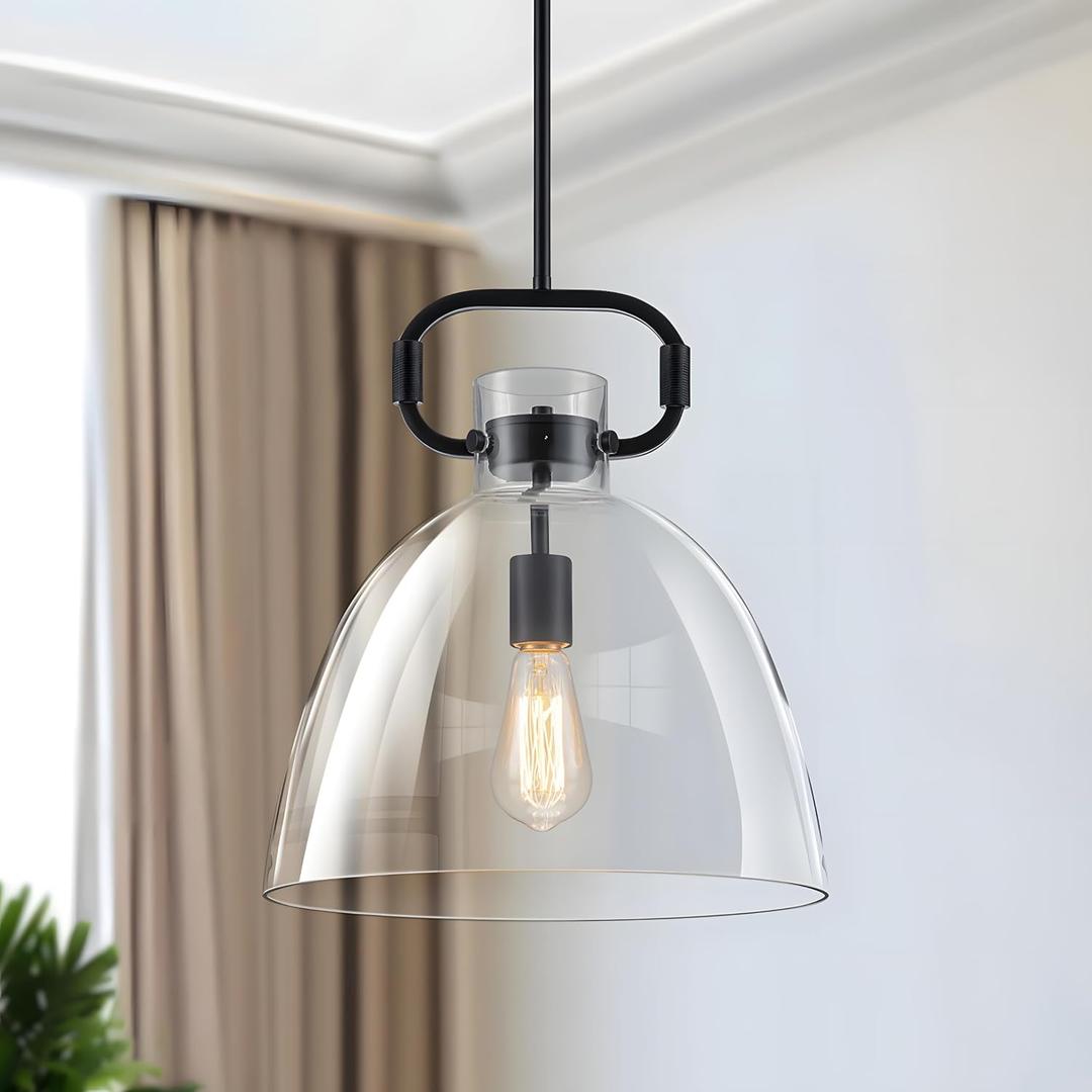 14'' Pendant Lights Kitchen Island, Black Glass Pendant Light Fixture | 1-Light Farmhouses Large Pendat Lights, Island Lighting for Kitchen Bedroom Dining Room, Adjustable Cord, E26