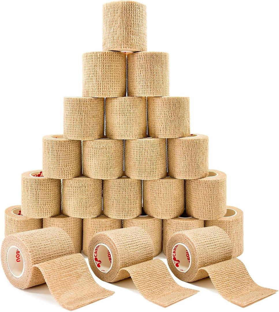 Carbou Self Adhesive Bandage Wrap 2" x 5yd 24ct Vet & Athletic Beige | Athletic Elastic Cohesive Bandage for Sports, Injuries, Treatments, and Recovery, First Aid Tape Vet Wrap for Cat, Dog