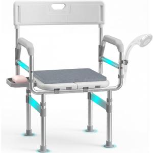 Folding Shower Chair for Inside Shower, Tub and Bathroom 440lb Weight Capacity - Height Adjustable Foldable Shower Chair for Elderly and Disabled - XXL Shower Seat with Arms, Back, Cushion & Shelf