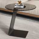 Modern C-Shaped End Table, Tempered Glass Tabletop Couch Side Table, Black Round C Table for Living Room, Bedroom, or Sofa Side Stylish Accent Table (Grey), 19.6 inches x 19.6 inches x 25.5 inches