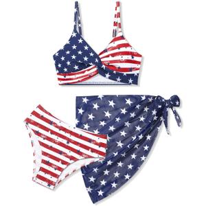 Girls Swimsuit, Bathing Suits 3 Piece Tropical Floral Twist Cross Bikini Sets Girls' Swimwear with Cover Up Skirt 7-16T (9-10, Red + White + Blue-2)