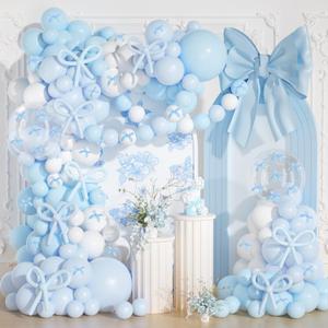 Blue and White Balloon Arch Kit, JOGAMS 199Pcs Bow Balloon Arch Kit with 260 Clear Balloons Ribbon for Blue Bow Birthday Decorations Bachelorette Baby Shower Bridal Shower Wedding