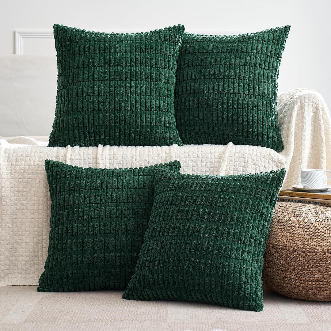 MIULEE Pack of 4 Dark Green Corduroy Decorative Throw Pillow Covers 20x20 Inch Soft Boho Striped Pillow Covers Modern Farmhouse Home Decor for Sofa Living Room Couch Bed (20" x 20" (Pack of 4), Dark Green)