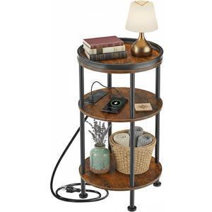 Small Round Side Table with Charging Station for Small Spaces, 3-Tier Accent Table with USB Ports & Power Outlets, Sofa Corner Tea Table for Living Room Nightstand Bedroom Apartment (Black)