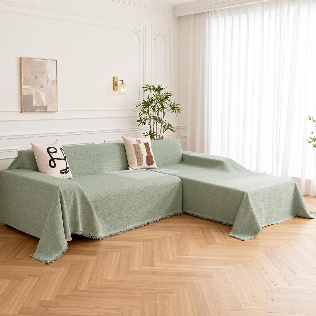 MEETSKY Pet Couch Cover Sectional Sofa Covers Washable, 2 Pieces Chenille Couch Covers for 2 Cushion L Shaped Sofa, Multi-Use Furniture Protector for Dogs, Kids (Large, 71"x102"+71"x118",Sage Green)