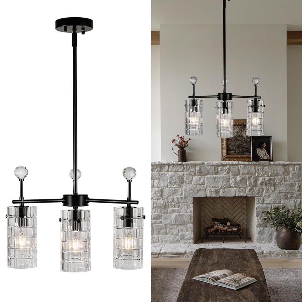 3-Light Black Glass Pendant Light, Adjustable Downrod | Industrial kitchen island chandelier with glass shades for dining room, bar counter, hallway and entryway