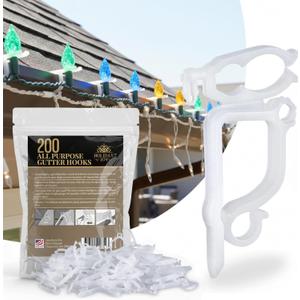Holiday Joy 200 PCS of All Purpose Gutter Hooks for Outdoor String Lights - Quick & Easy Installation Christmas Lights Clips for Shingles & Gutters - Patent Design String Light Hooks - Made in USA